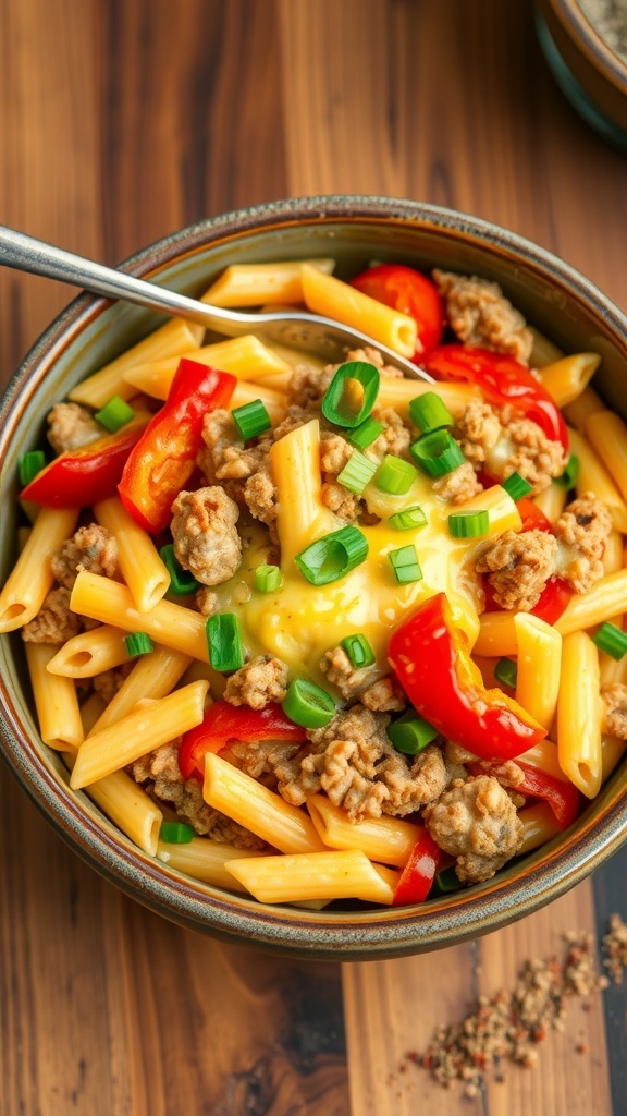 A bowl of cheesy Cajun pasta with ground turkey and bell peppers, garnished with green onions, on a wooden table.